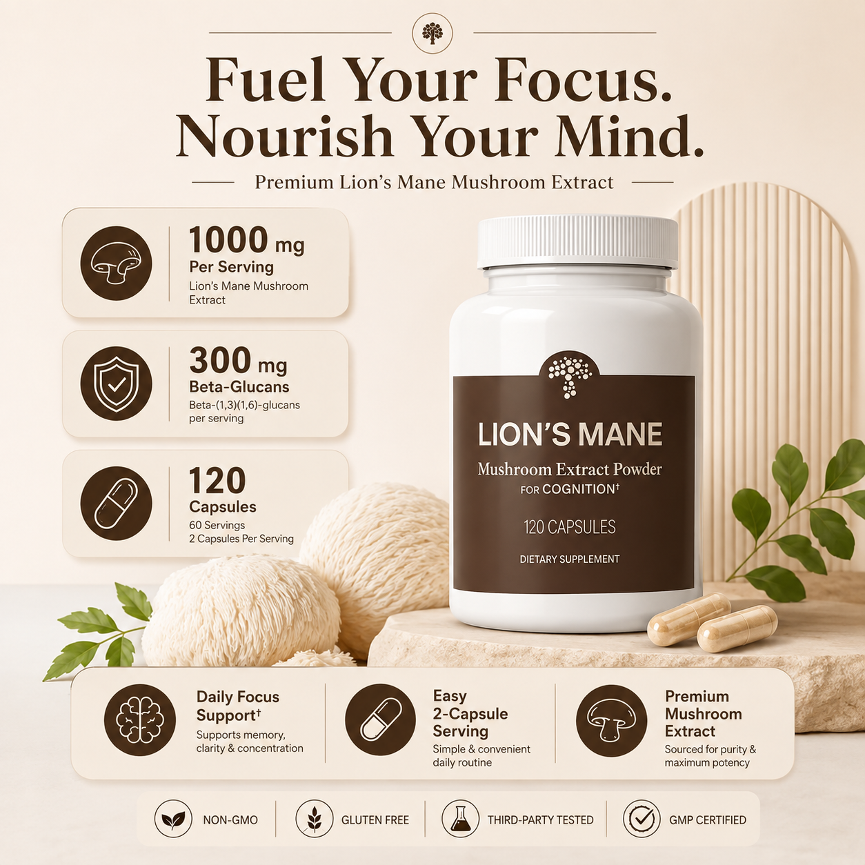 Lunoveria's Lion's Mane — Organic Fruiting Body Extract | Memory, Focus & Mental Clarity | 1000mg, 120 Capsules (60-Day Supply)