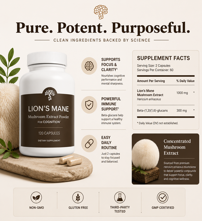 Lunoveria's Lion's Mane — Organic Fruiting Body Extract | Memory, Focus & Mental Clarity | 1000mg, 120 Capsules (60-Day Supply)