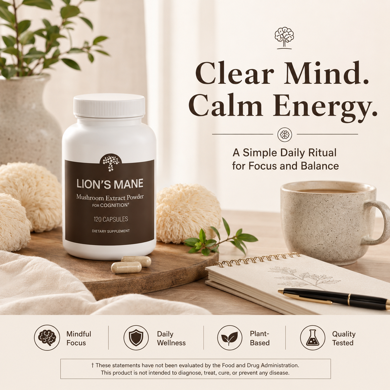 Lunoveria's Lion's Mane — Organic Fruiting Body Extract | Memory, Focus & Mental Clarity | 1000mg, 120 Capsules (60-Day Supply)