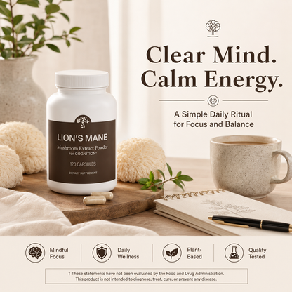 Lunoveria's Lion's Mane — Organic Fruiting Body Extract | Memory, Focus & Mental Clarity | 1000mg, 120 Capsules (60-Day Supply)