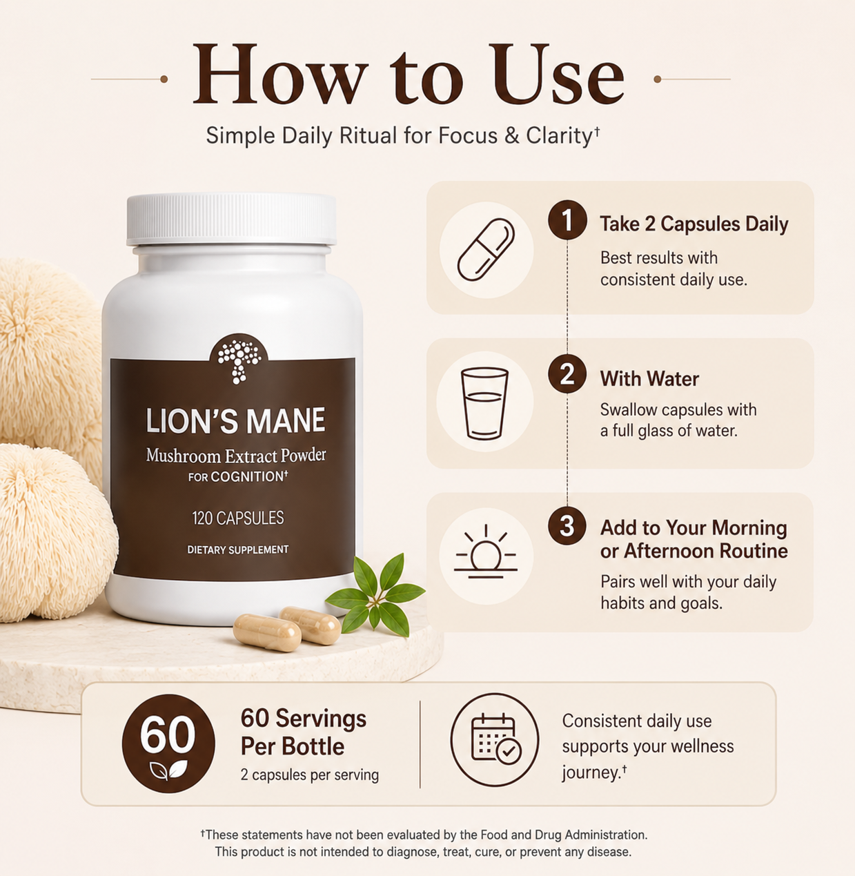 Lunoveria's Lion's Mane — Organic Fruiting Body Extract | Memory, Focus & Mental Clarity | 1000mg, 120 Capsules (60-Day Supply)