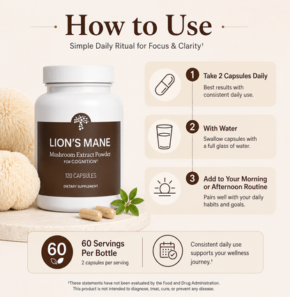 Lunoveria's Lion's Mane — Organic Fruiting Body Extract | Memory, Focus & Mental Clarity | 1000mg, 120 Capsules (60-Day Supply)